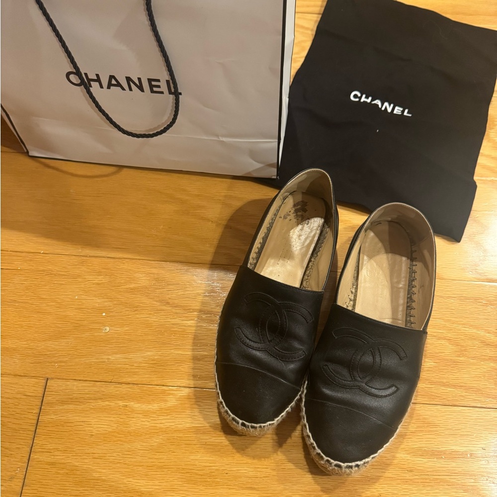CHANEL Black Leather Espadrilles